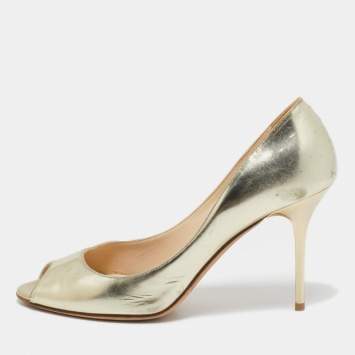 Pre Owned Jimmy Choo Gold Leather Evelyn Peep Toe Pumps Size 38.5