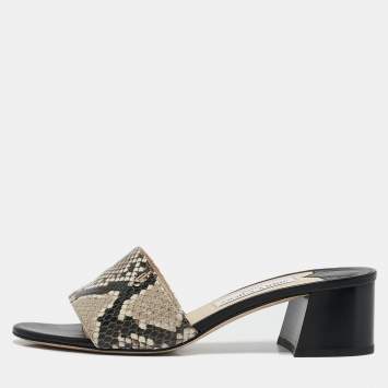 Pre Owned Jimmy Choo Beige Snakeskin Embossed Leather Minea Slide Sandals Size 38