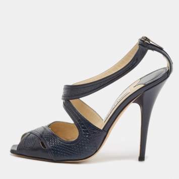 Pre Owned Jimmy Choo Navy Blue Leather and Snakeskin Leather Criss Cross Sandals Size 39