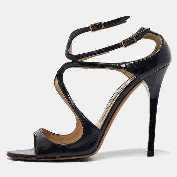 Pre Owned Jimmy Choo Black Patent Leather Ankle Strap Sandals Size 38