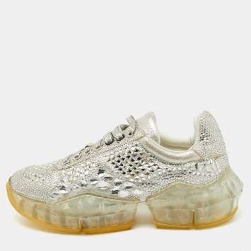 Pre Owned Jimmy Choo Metallic Suede Diamond Crystal Embellished Low Top Sneakers Size 37