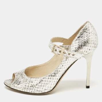 Pre Owned Jimmy Choo Silver Python Embossed Leather Mary Jane Pumps Size 38.5