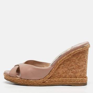 Pre Owned Jimmy Choo Pink Leather Almer Espadrille Cork Wedge Sandals Size 38.5