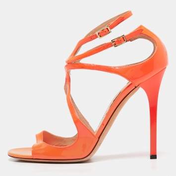 Pre Owned Jimmy Choo Orange Patent Leather Ankle Strap Sandals Size 37.5
