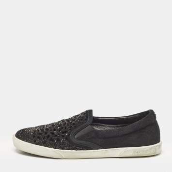 Pre Owned Jimmy Choo Black Suede Crystal Embellished Cut-Out Slip On Sneakers Size 36