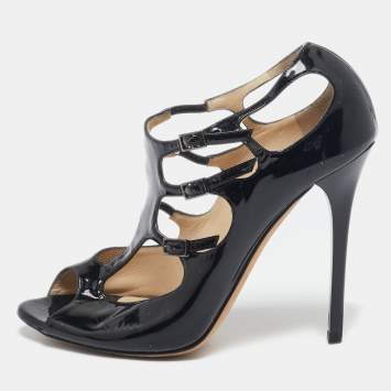 Pre Owned Jimmy Choo Black Cut out Patent Leather Peep Toe Pumps Size 38.5