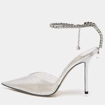 Pre Owned Jimmy Choo Silver Glitter PVC Crystal Embellished Saeda Pumps Size 39