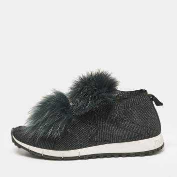 Pre Owned Jimmy Choo Green Fur and Lurex Fabric Norway Pom Pom Sneakers Size 40