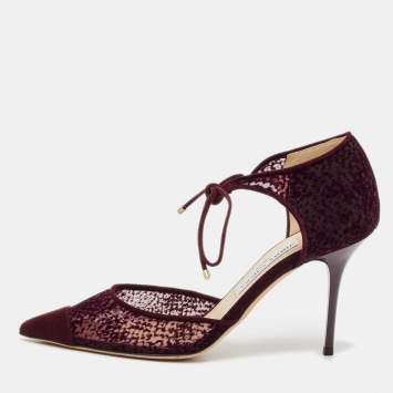 مملوكة مسبقًا Jimmy Choo Burgundy Velvet and Mesh Vince Ankle Tie Sandals Size 38