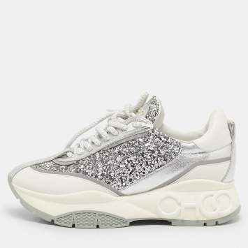 Pre Owned Jimmy Choo White/Silver Leather and Glitter Raine Low Top Sneakers Size 35.5