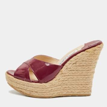 Pre Owned Jimmy Choo Burgundy Patent Leather Prima Wedge Sandals Size 37