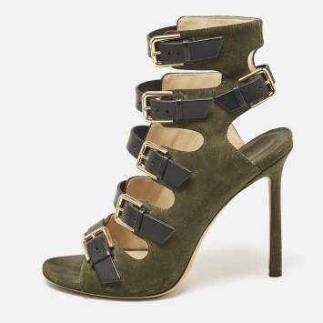 Pre Owned Jimmy Choo Green/Black Suede and Leather Buckle Strappy  Sandals Size 36.5