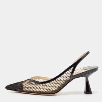 مملوكة مسبقًا Jimmy Choo Black Patent Leather and Mesh Fetto Slingback Pumps Size 35