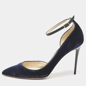 Pre Owned Jimmy Choo Navy Blue Velvet Lucy Ankle Strap Pumps Size 41