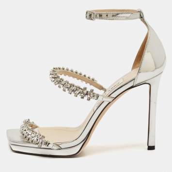 Pre Owned Jimmy Choo Silver Leather Crystal Embellished Ankle Strap Sandals Size 38