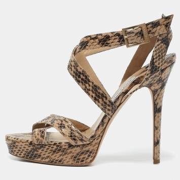 Pre Owned Jimmy Choo Beige/Black Elaphe Leather Vamp Sandals Size 39.5