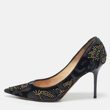 Pre Owned  Jimmy Choo Black Leather and Velvet  Abel Kid Pointed Toe Pumps Size 36.5 