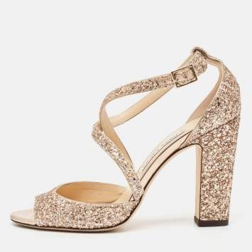 Pre Owned Jimmy Choo Rose Gold Glitter Carrie Ankle Strap Sandals Size 39.5
