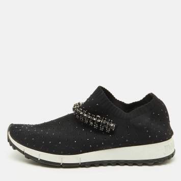 Pre Owned Jimmy Choo Black Knit Fabric Crystal Embellished Verona Sneakers Size 35