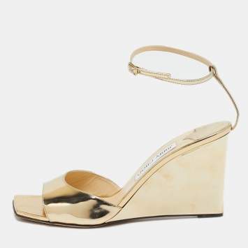 Pre Owned Jimmy Choo Gold Leather Wedge Sandals Size 39.5
