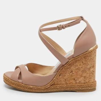 Pre Owned Jimmy Choo Beige Leather Alanah Cork Wedge Espadrille Sandals Size 39