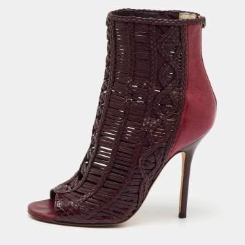 Pre Owned Jimmy Choo Burgundy Braided Leather Java Peep Toe Ankle Boots Size 37.5