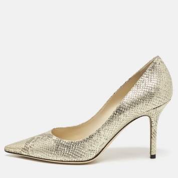 Pre Owned Jimmy Choo Gold Snakeskin Embossed Patent Leather Romy Pumps Size 37.5