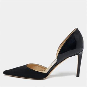 Pre Owned Jimmy Choo Black Suede And Patent Leather Addison Pointed Toe Pumps Size 37.5