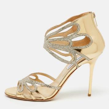 Pre Owned Jimmy Choo Metallic Gold Laminated Leather and Glitter Strappy Sandals Size 40