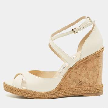 Pre Owned Jimmy Choo Off White Leather Alanah Cork Wedge Sandals Size 41