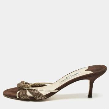 Pre Owned Jimmy Choo Brown/Gold Fabric and Leather Slide Sandals Size 38.5