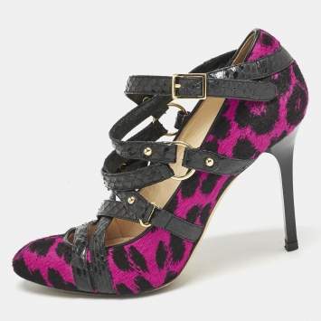 مملوكة مسبقًا Jimmy Choo Black/Pink Animal Print Calf Hair and Snakeskin Jazz Strappy Pumps Size 37
