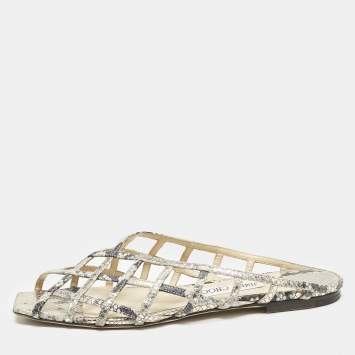 Pre Owned Jimmy Choo Gold Python Embossed Leather Sai Flat Sandals Size 40