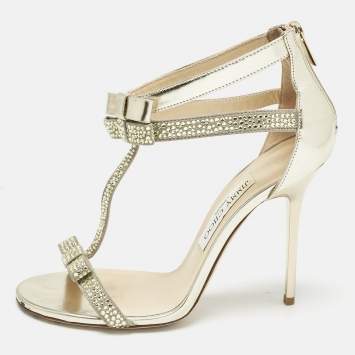 Pre Owned Jimmy Choo Grey Leather and Suede Escape Crystal T-Strap Sandals Size 37.5