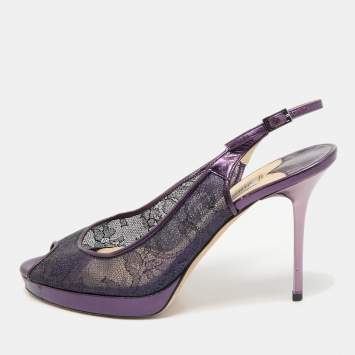 Pre Owned Jimmy Choo Purple Mesh and Leather Peep Toe Platform Slingback Sandals Size 38.5
