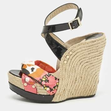 Pre Owned Jimmy Choo Multicolor Canvas and Patent Leather Wedge Sandals Size 38