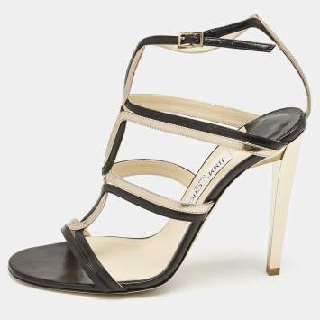 Pre Owned Jimmy Choo Black/Gold Leather Moray Sandals Size 38.5