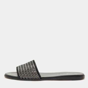 Jimmy Choo Black Leather and Suede Studded Minea Flat Slides Size 41