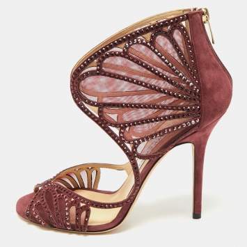 Jimmy Choo Burgundy Mesh and Suede Crystal Embellished Sandals Size 39