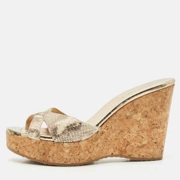 Jimmy Choo Metallic Gold Python Embossed Leather  Prima Cork Platform Wedge Sandals Size 38