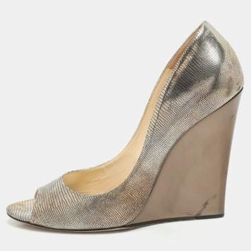 Pre Owned Jimmy Choo Metallic Lizard Embossed Leather Baxen Wedge Pumps Size 39.5