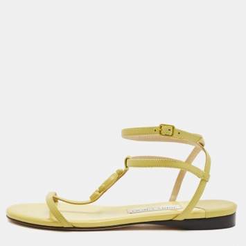 Pre Owned Jimmy Choo Neon Yellow Leather Alodie Flat Sandals Size 38