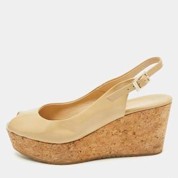 Pre Owned Jimmy Choo Beige Patent Leather Cork Platform Wedge Slingback Pumps Size 39