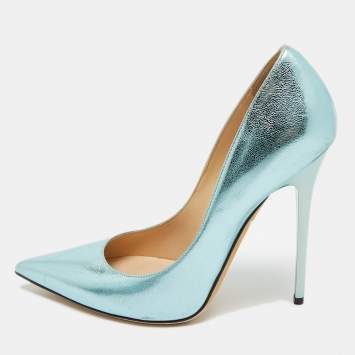 Pre Owned Jimmy Choo Light Blue Foil Leather Pointed Toe Pumps Size 38.5