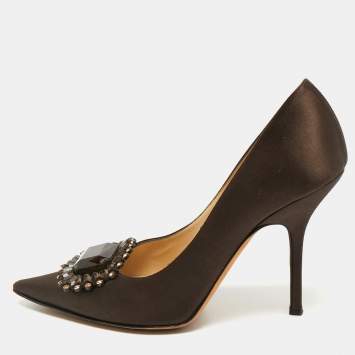 Pre Owned Jimmy Choo Dark Brown Satin Embellished Pointed Toe Pumps Size 40