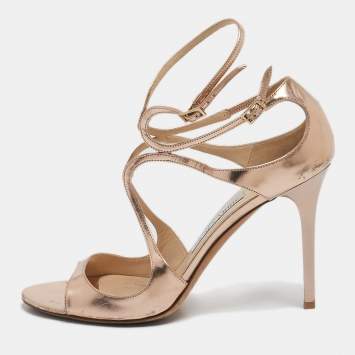Pre Owned Jimmy Choo Gold  Leather Lance  Ankle Strap Sandals Size 41