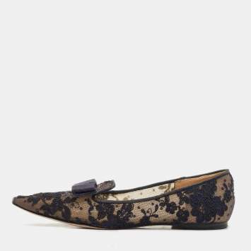 Pre Owned Jimmy Choo Blue Lace and Mesh Gala Bow Ballet Flats Size 36