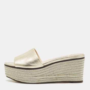 Jimmy Choo Gold Leather Wedge Espadrille Slide Sandals Size 38