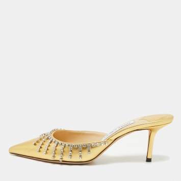 Jimmy Choo Gold Leather Crystals Embellished Heel Mules Size 38