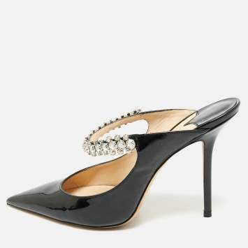 Jimmy Choo Black Patent Leather Bing 100 Crystal Embellished Pointed Toe Mules Size 41